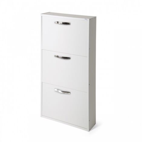 Meuble à chaussures slim frêne blanc – 3 volets – Dimensions 108x65x15 cm – Bois mélaminé – Pour espaces réduits