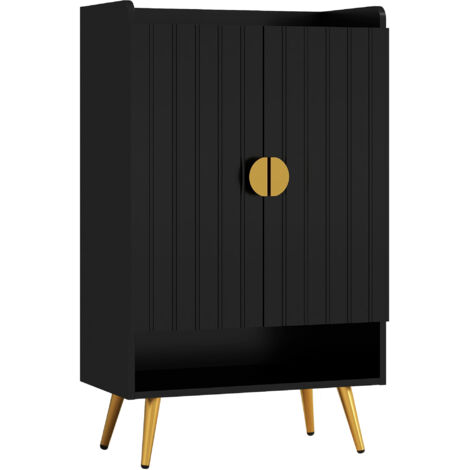 HOMCOM Meuble à chaussures style art déco 2 portes 3 étagères réglables niche acier doré panneaux noir