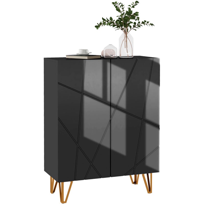 Meuble à chaussures style Art déco 2 portes 5 niveaux piètement épingle acier doré façade laquée noir