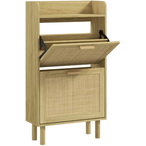 Meuble à chaussures style bohème avec 2 tiroirs abattants et 1 étagère ouverte pour 18 paires de chaussures, 80 x 24,5 x 110 cm, chêne