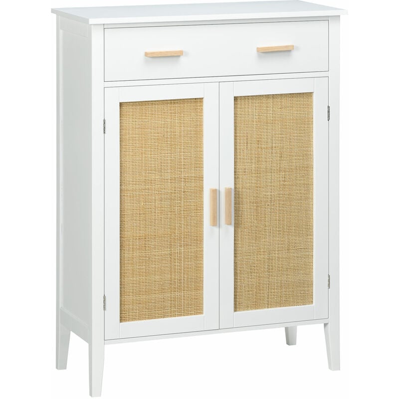 Homcom - Meuble à chaussures style bohème chic - 2 portes, 3 étagères, tiroir - mdf blanc cannage rotin