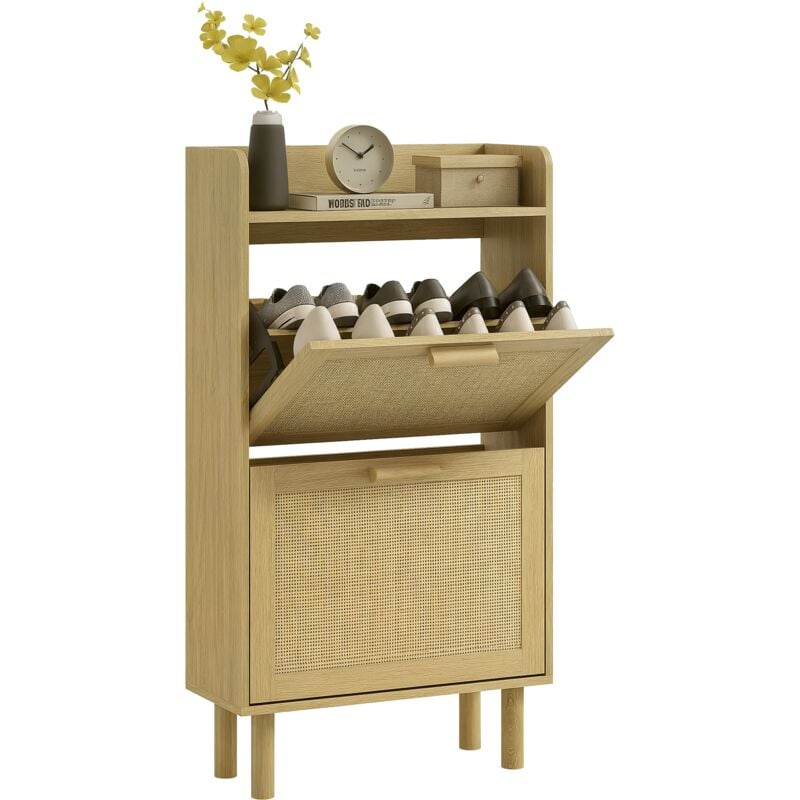 Homcom - Meuble à chaussures style bohème chic - 2 portes abattantes, étagère - cannage rotin aspect bois clair