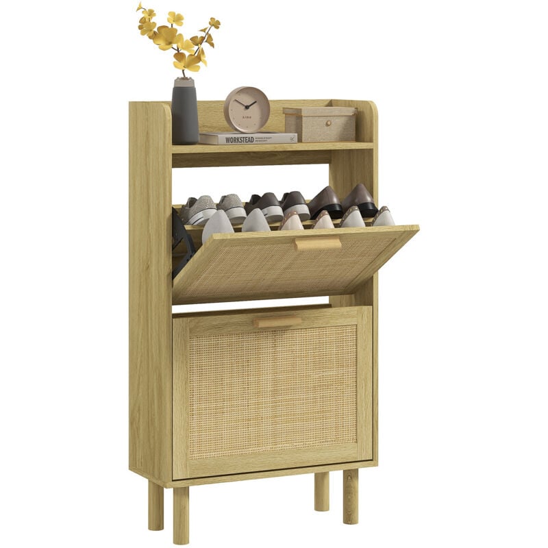 Meuble à chaussures style bohème chic cannage rotin aspect bois clair