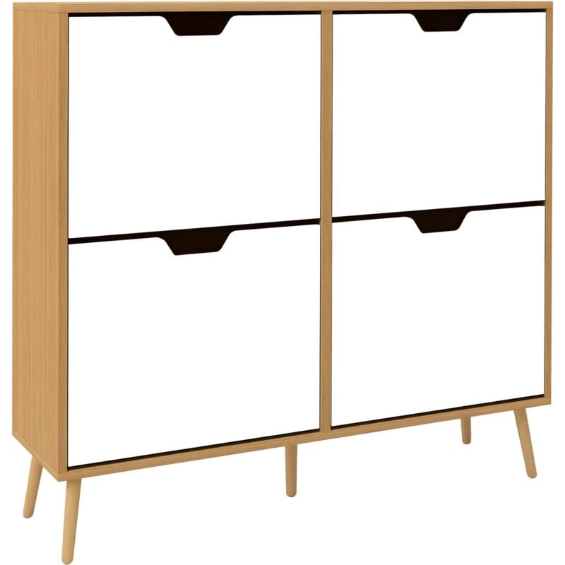 Homcom - Meuble à chaussures design scandinave 4 portes abattantes 4 étagères réglables bois pin panneaux bois clair blanc