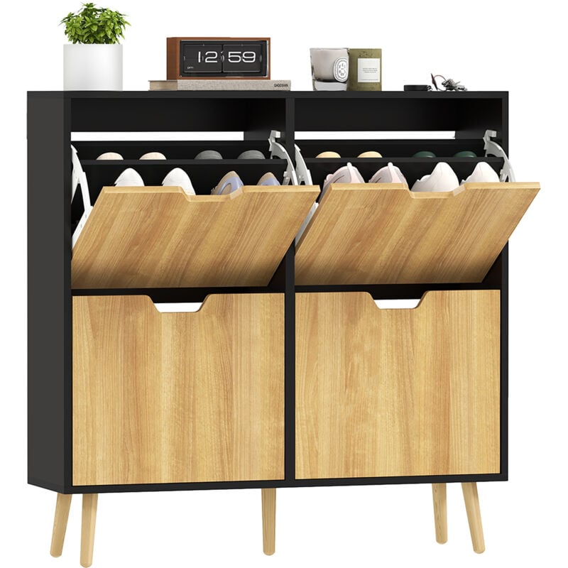 Homcom - Meuble à chaussures design scandinave 4 portes abattantes 4 étagères réglables bois pin panneaux bois noir