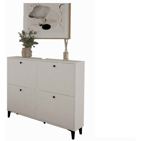 Meuble à chaussures sur pieds de 4 portes coloris Blanc - Hauteur 97 x Longueur 116 x Profondeur 24 cm