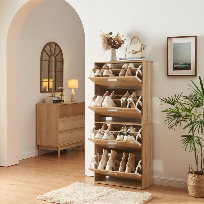 Meuble à chaussures Sykkylven à 4 abattants chêne Sonoma [en.casa]