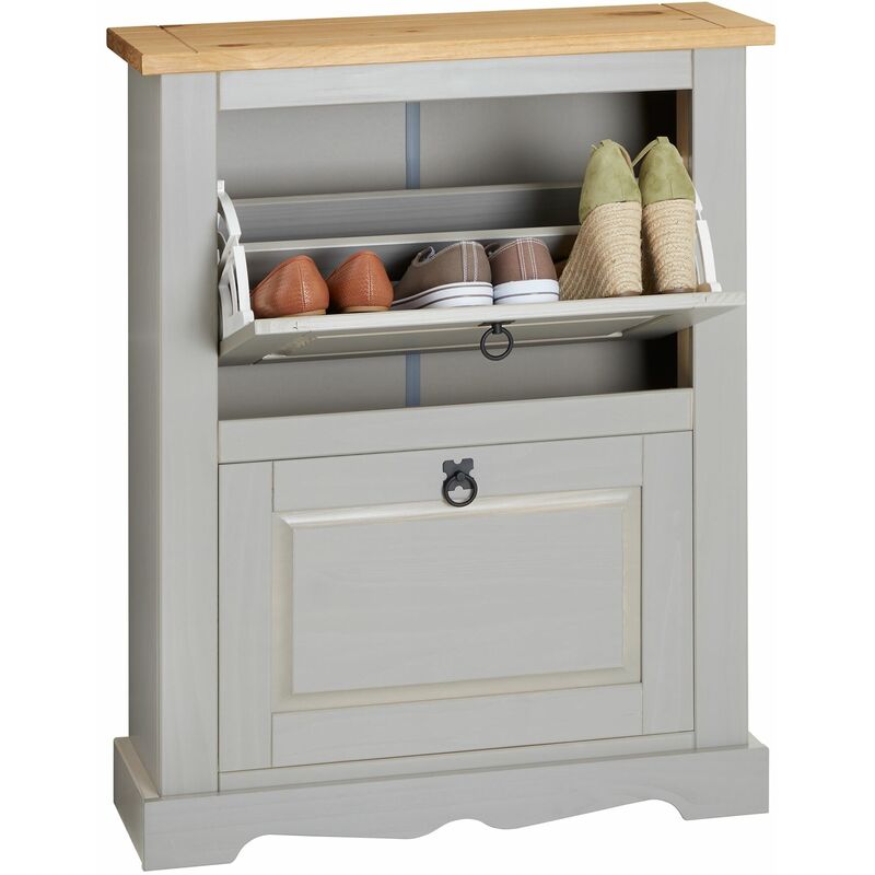 Meuble à chaussures tequila avec 2 abattants, style mexicain en pin lasuré gris et brun