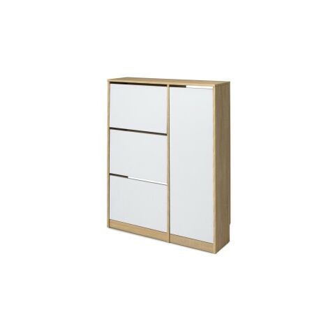 Meuble à chaussures Tigris 55AB TOPKIT ,avec 3 portes battantes + 1 porte verticale. Couleur Chêne et Blanc Mesures123x89x25 (cm)