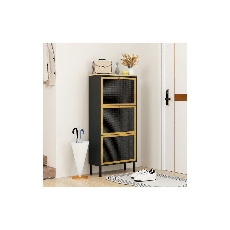 Meuble à chaussures vintage 3 portes effet naturel cannage,Etagère à chaussures,60x23.5x124CM,NOIR