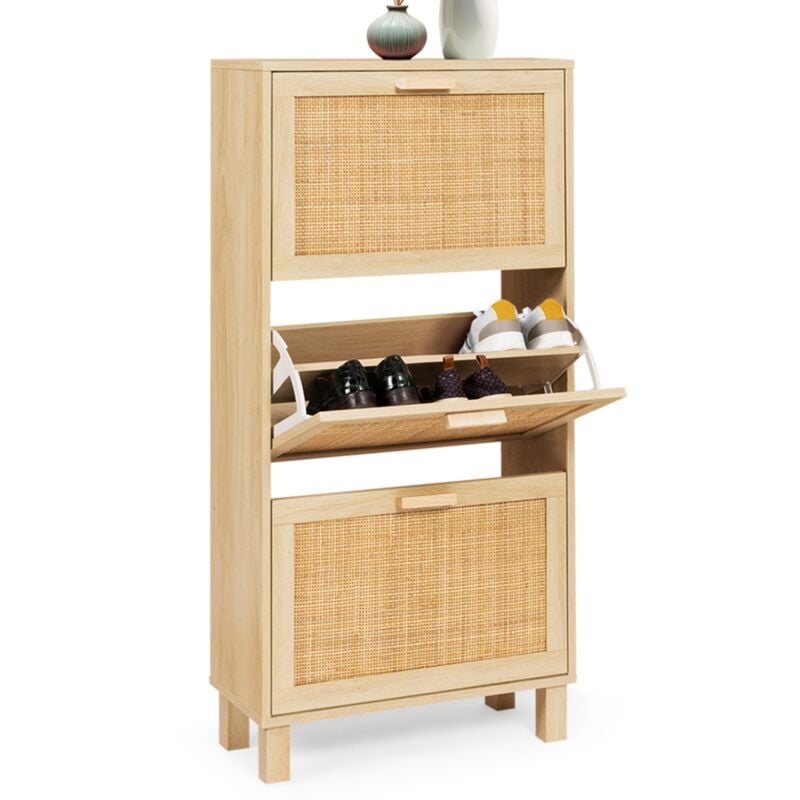 Meuble à chaussures 18 paires vintage elin 3 portes effet naturel cannage