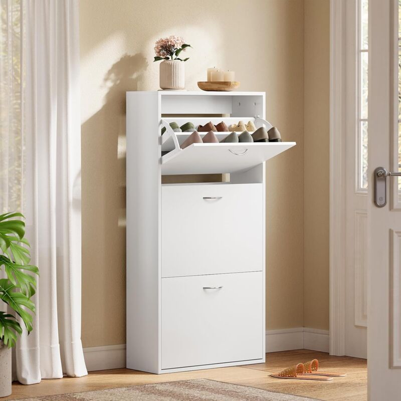 Woltu - Meuble à Chaussures pour 14-18 Paires, 58x23x118cm, Armoire à Chaussures Étroite avec 3 Abattants, en Bois d'Ingénierie, Blanc