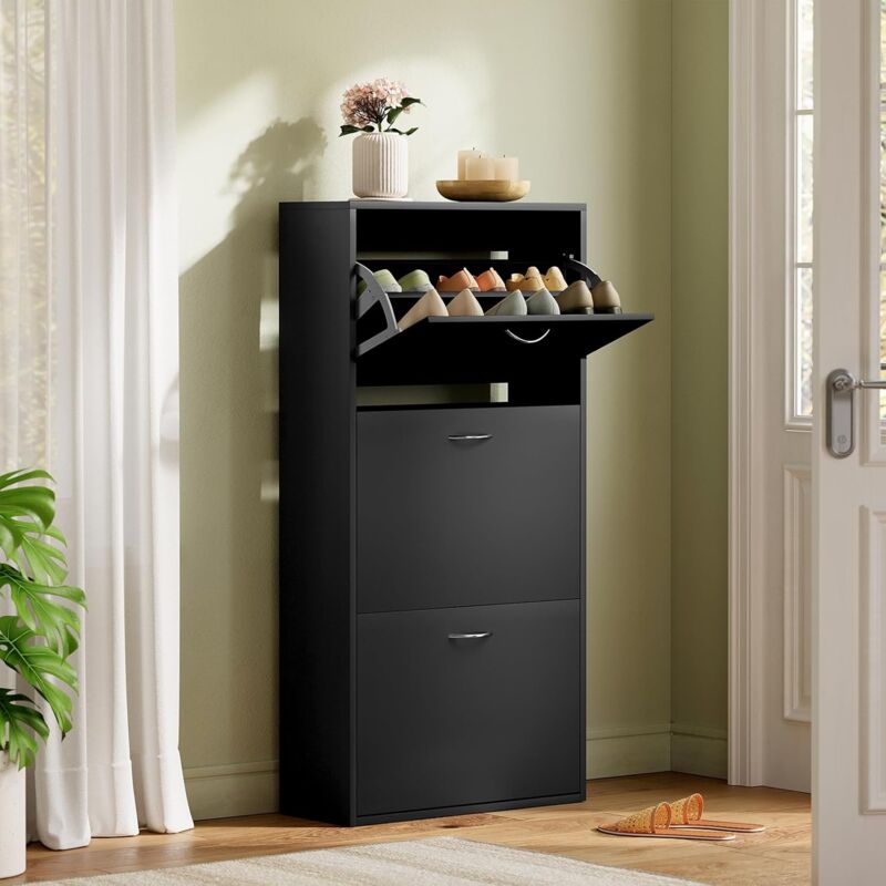 Woltu - Meuble à Chaussures pour 14-18 Paires, 58x23x118cm, Armoire à Chaussures Étroite avec 3 Abattants, en Bois d'Ingénierie, Noir
