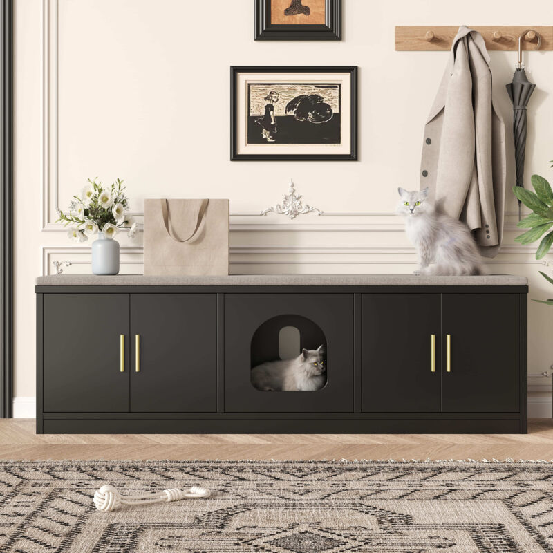 Meuble à chaussures/meuble litière pour chat - 140x40x45,5 cm - Avec griffoir et ventilation - Égères réglables - Noir