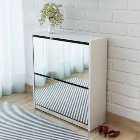 Meuble à chaussures，Range-chaussures 2 étages avec miroir 63x17x67 cm Blanc CFW25479