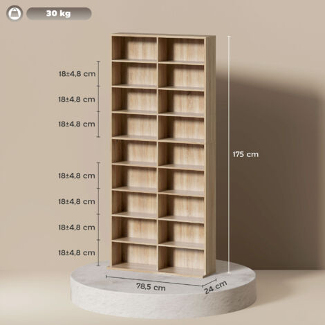 Meuble à DVD à 9 niveaux avec 18 compartiments et 14 étagères réglables, pouvant contenir 640 CD, 360 DVD ou 430 Blu-ray, en bois naturel