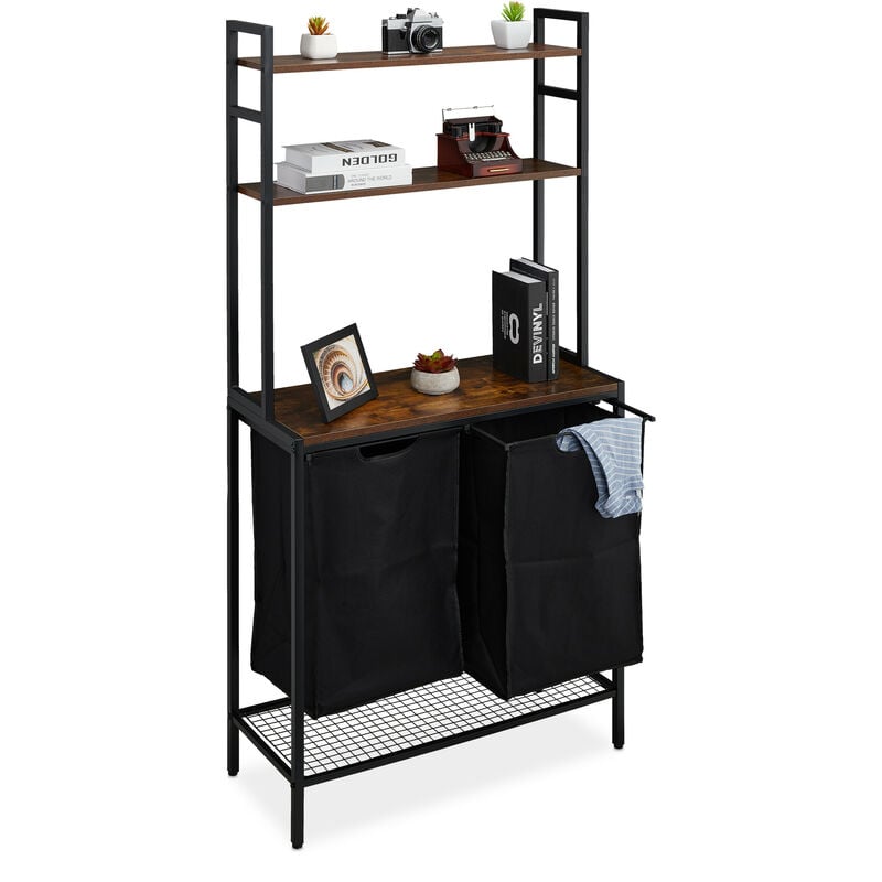 Meuble à linge, 2 compartiments extensibles, HxLxP: 162x80x34 cm, étagères, rangement vêtements, noir - marron - Relaxdays