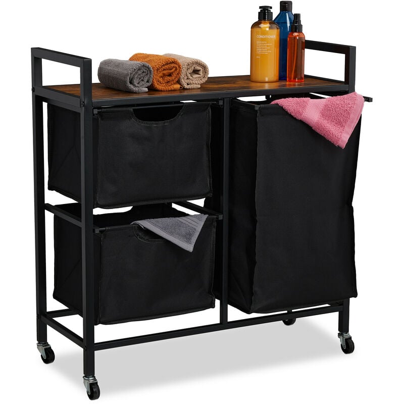 Meuble à linge, 3 compartiments coulissants, 4 roulettes, design industriel, salle de bain, chambre, noir/brun - Relaxdays