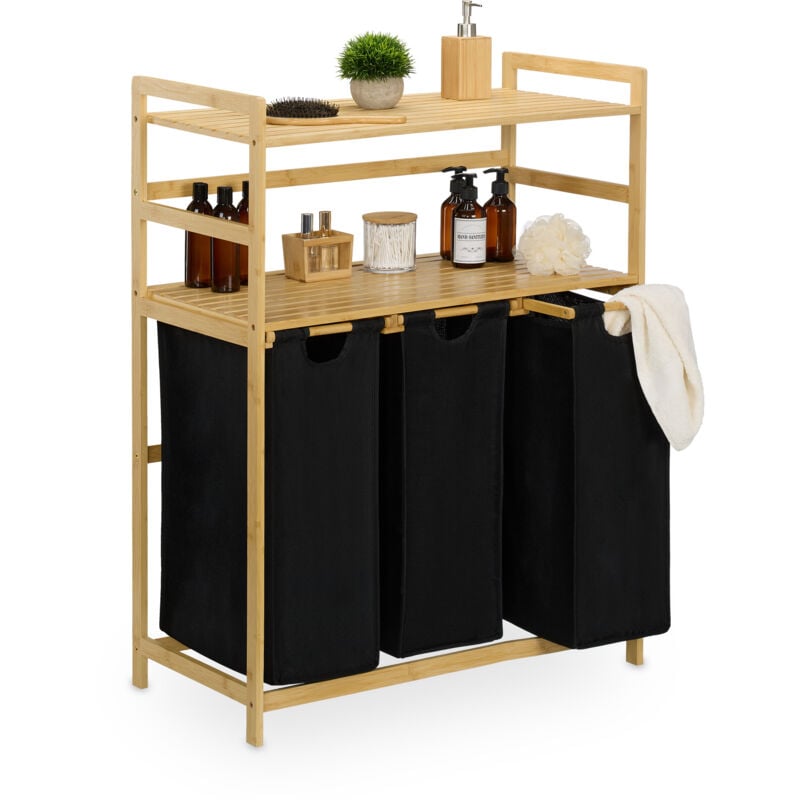 Meuble à linge, 2 niveaux pratiques, 3 corbeilles coulissantes, h x l x p : 105 x 80 x 40 cm, nature et noir - Relaxdays