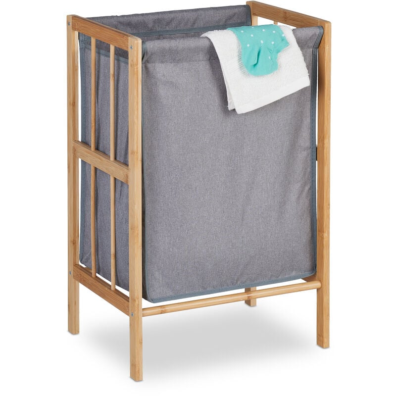 Meuble à linge, capacité 30 l, cadre en bambou, sac polyester, h x l x p : 60 x 39 x 30 cm, gris et nature - Relaxdays