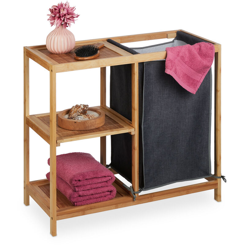 Scaffale Portabiancheria, Mobiletto Bagno In Bambù, Sacco Rimovibile E 3 Ripiani, 65x68x33 Cm, Marrone Grigio - Relaxdays