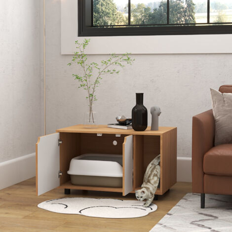 Meuble à litière maison de toilette sur pieds pour chat 2 en 1 portes style scandinave 80 x 48 x 48 cm naturel et blanc