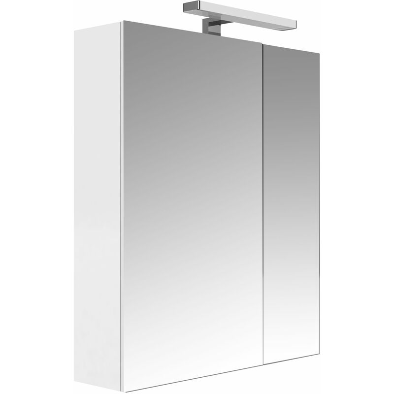 Armoire de salle de bain 60 cm avec éclairage LED et bloc prise JUNO 2 portes miroir blanc brillant - Blanc