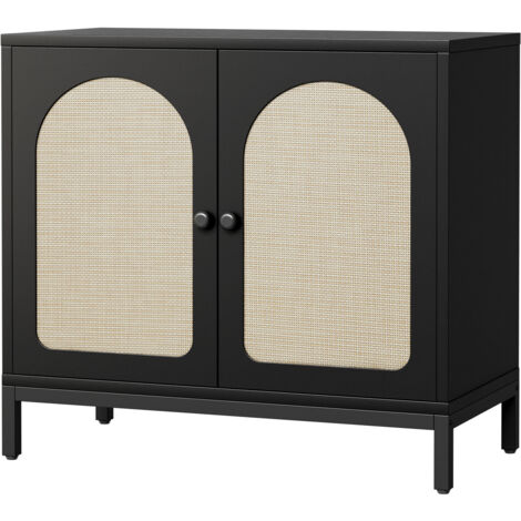 Meuble à rangement 2 portes en rotin – Bois effet chêne – 80 cm – Design Boho & moderne – Anti-basculement, Noir