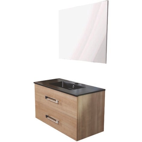 Ondée - Meuble à suspendre 90 cm finition effet bois miel deux tiroirs avec miroir simple - LENCA