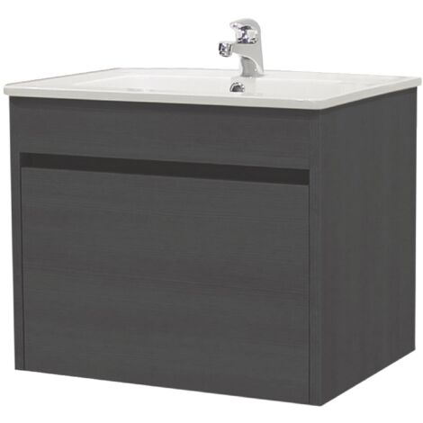 Ondée - Meuble à suspendre plan céramique 80 cm texture bois Olmo simple vasque deux tiroirs et miroir assorti - MAPLE