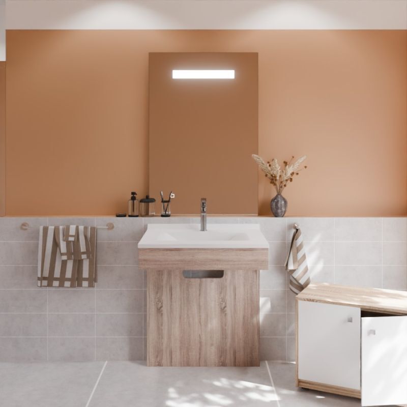 Meuble pmr altea 70 cm avec plan vasque et miroir led Elégance ht105 - Cambrian oak