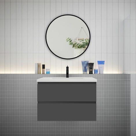 BIUBIUBATH Meuble Chêne simple vasque l.79 x W.44.5 x H.52 cm,lavabo + miroir rond-suspendu