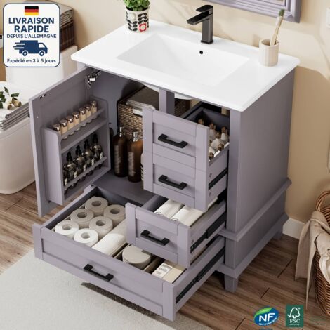 Meuble avec lavabo 76x46x83.5cm - Évier intégré - Peinture résistante à l'humidité - Espace de rangement multifonctionnel - Bois Certifié PEFC - Gris