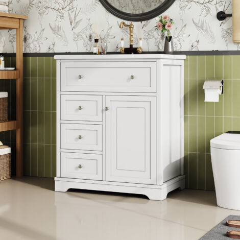 Meuble avec vasque simple, 3 tiroirs et 2 portes de rangement, vasque intégrée en céramique, 76 x 46 x 87 cm, meuble de salle de bain sur pied, Blanc