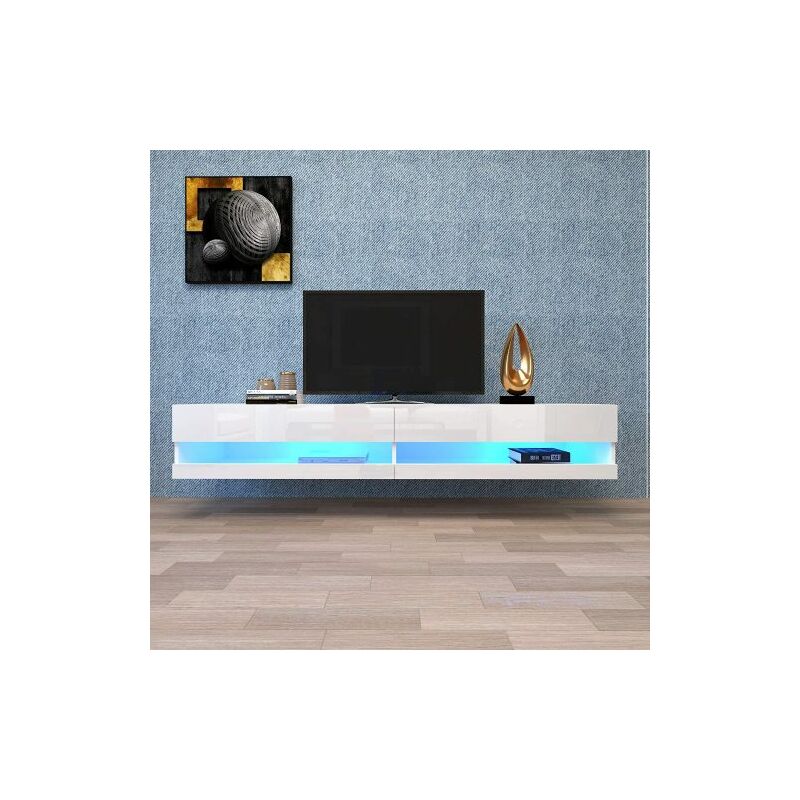 Jn.songs - Meuble Banc TV LED Salon Moderne Suspendu avec 2 Compartiments pour Télévisions 32-55 Pouces, 140cm Blanc