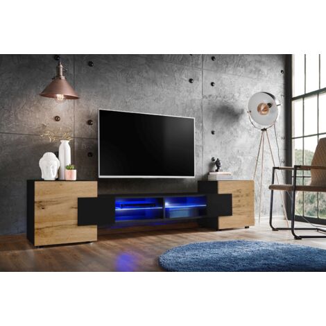 Meuble banc TV Merano – Largeur 230 cm – Hauteur 52,5 cm – Profondeur 35 cm – Panneaux laminés résistants – Éclairage LED en option