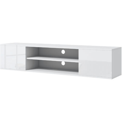 Meuble banc TV mural suspendu style contemporain 2 placards 2 niches centrales et 2 passe-câbles 140 x 30 x 30 cm blanc