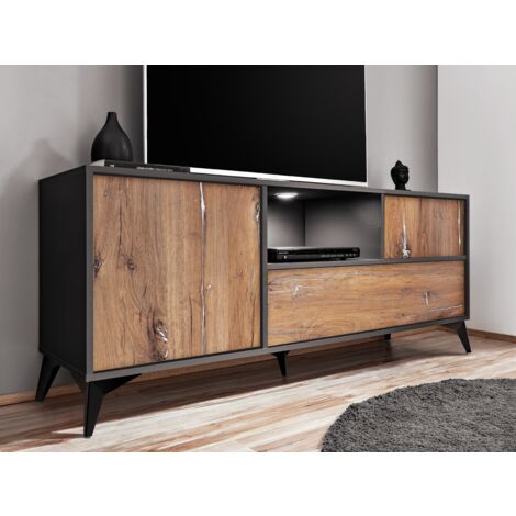 Meuble banc TV Orvieto – Largeur 149,5cm x Hauteur 64,5cm x Profondeur 40cm – Panneaux stratifiés résistants – Éclairage LED intégré