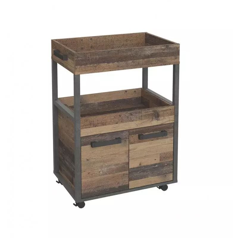 Desserte à roulettes 2 plateaux 2 portes décor bois vintage - BENJI