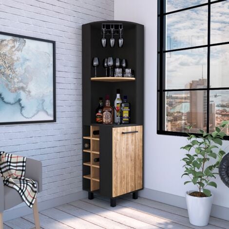 Meuble Bar d'angle Kaia, 179.8 CM AL X  44.95 CM AN X 44.95 CM P , Noir / Miel