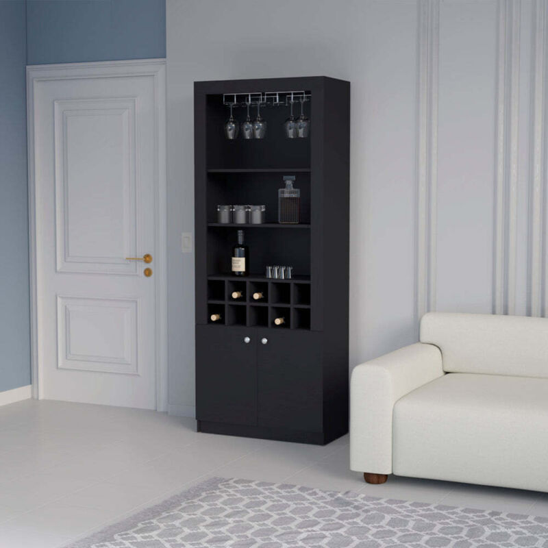 Meuble bar en mélamine Nebo avec 4 étagères, 2 portes, 10 porte-bouteilles et 8 porte-verres, noir, 190 cm X 75 cm X 36.5 cm