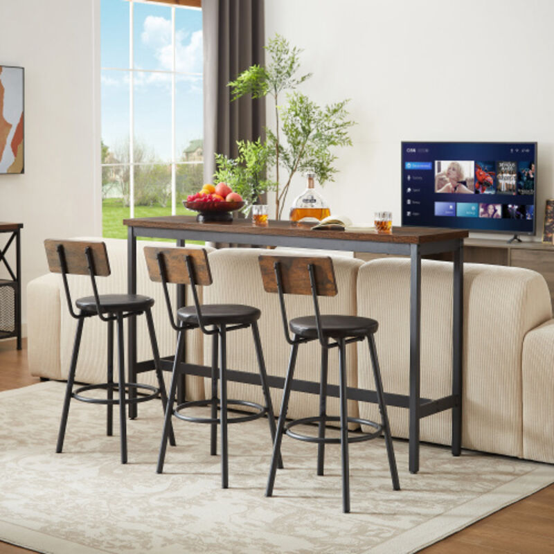 Meuble bar - Ensemble table de bar 160x40x94,5 cm + 3 tabourets 32x92 cm avec dossier, pieds réglables, noir et nature