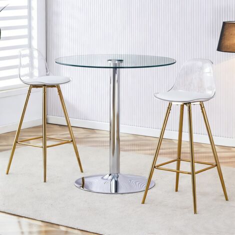 Meuble bar flexible-Table en verre ronde-2 tabourets-Pieds dorés-Espacieux-89x89x92cm