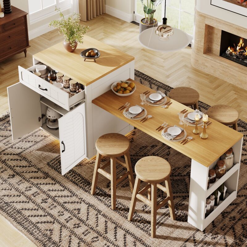 Meuble bar Îlot de cuisine 80x70x95,5 cm avec table extensible, 2 tiroirs, 4 portes, MDF blanc