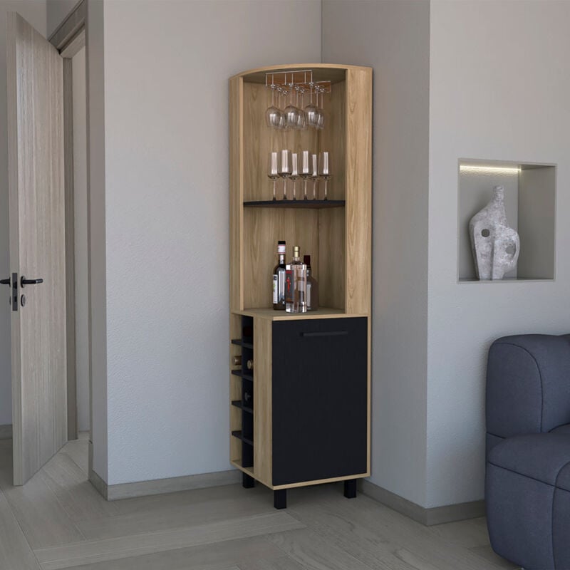 Tuhome Concept - Meuble bar Kaia en mélamine avec 3 étagères, 9 porte-gobelets, 10 porte-bouteilles et meuble inférieur, multicolore, 180 cm x 45 cm