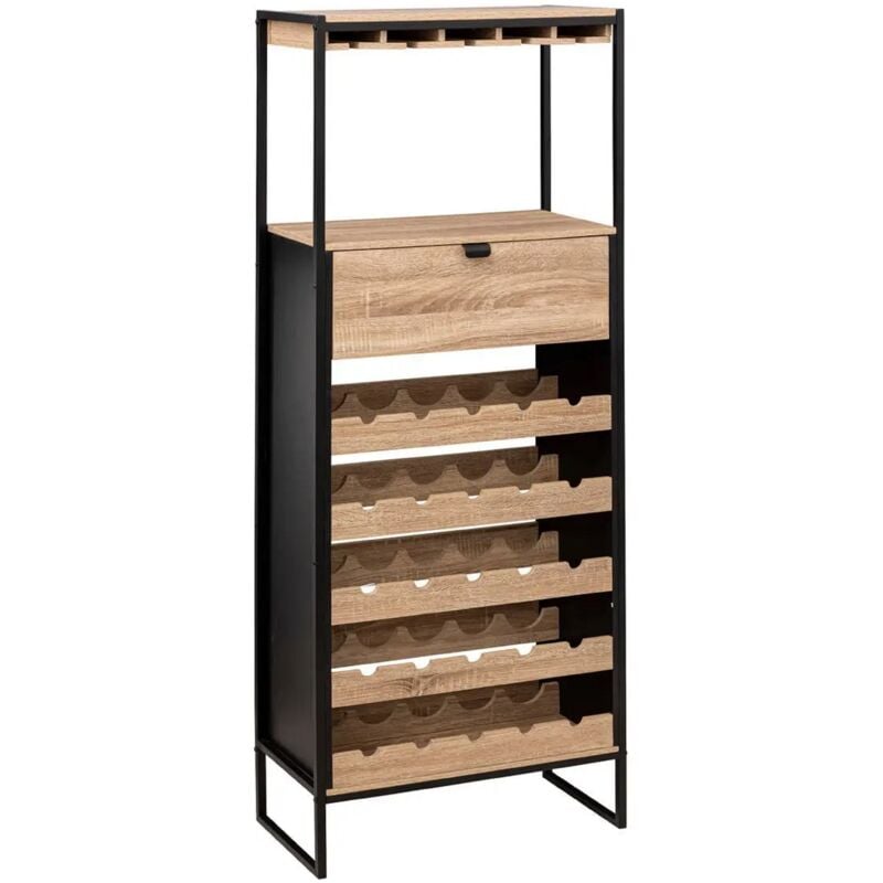 Meuble bar, porte-bouteilles en aggloméré naturel avec pieds en métal noir - Longueur 60 x Profondeur 30 x Hauteur 160 cm -PEGANE-