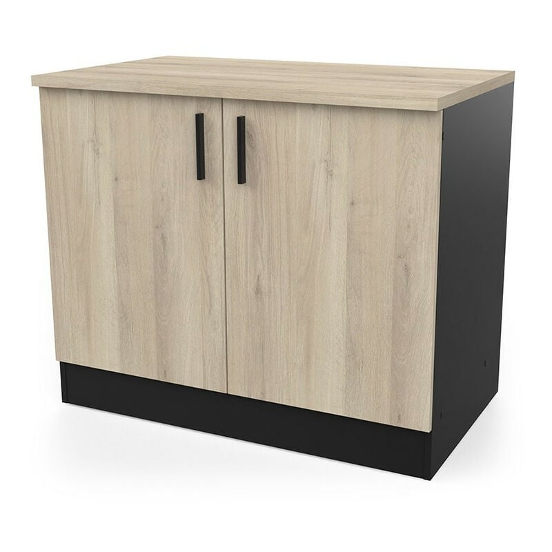 demeyere - meuble bas 2 portes 100 cm origan noir et bois - naturel - chêne kronberg et noir