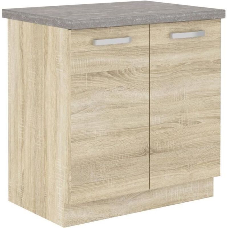 Meuble bas 2 portes battantes avec plan de travail - Decor chene sonoma - L 80 x P 51,6 x H 82 cm - LASSEN