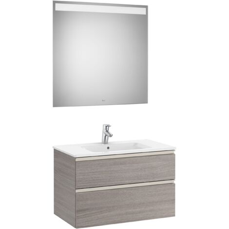 Meuble bas 2 tiroirs + lavabo central + miroir LED THE GAP - ROCA Coloris : Chêne City texturé