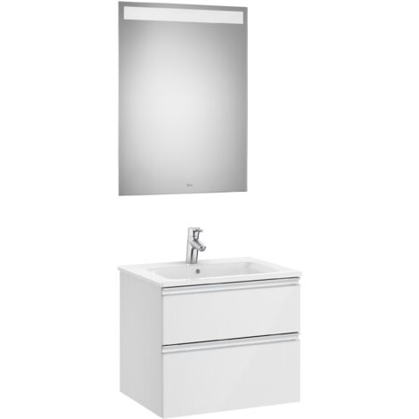 Meuble bas 2 tiroirs + lavabo central + miroir LED THE GAP - ROCA Couleur : Blanc brillant
